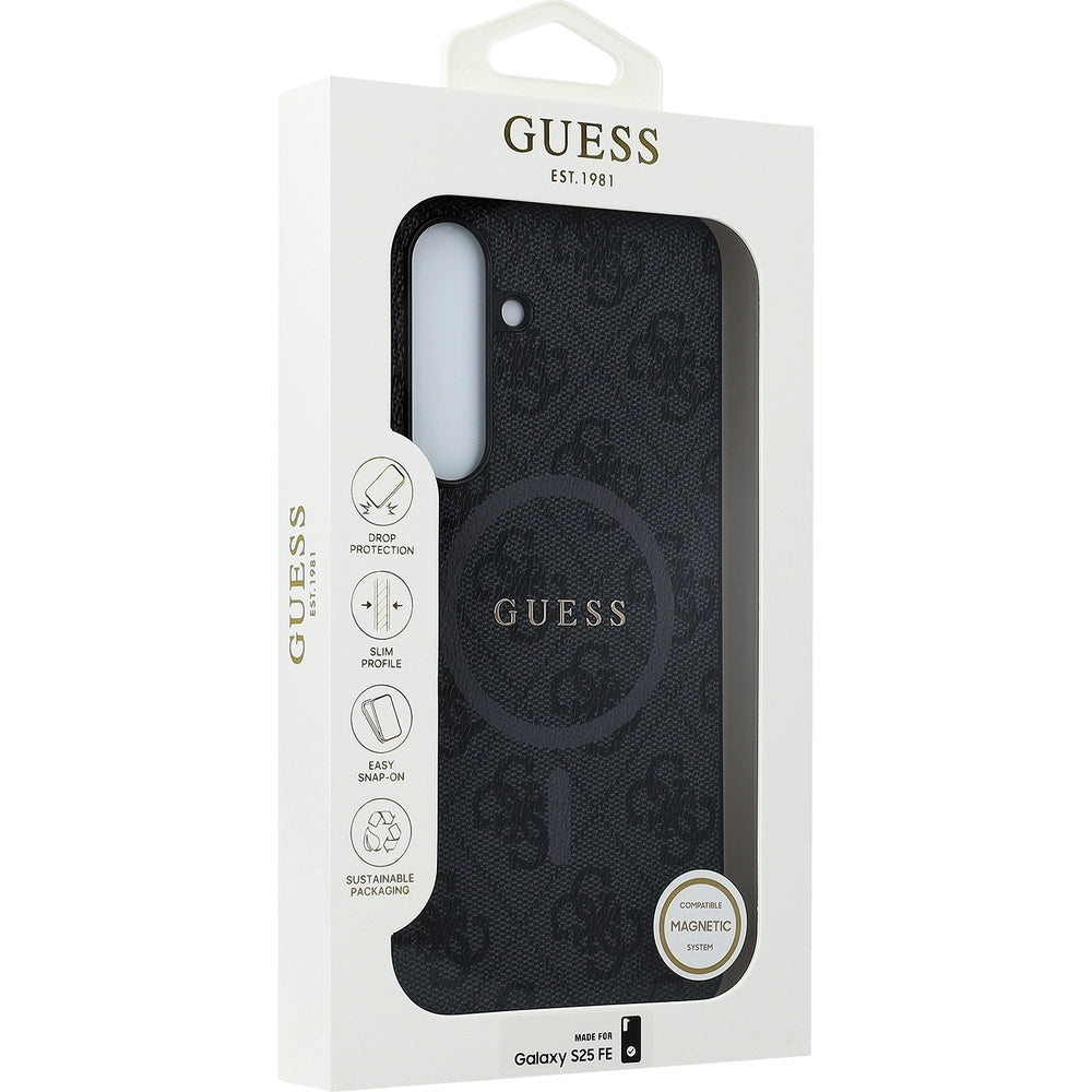 Handyhülle für Galaxy S25 FE, Guess Hardcase 4G Ring Classic Logo mit MagSafe, Schwarz mit Goldenen Elementen