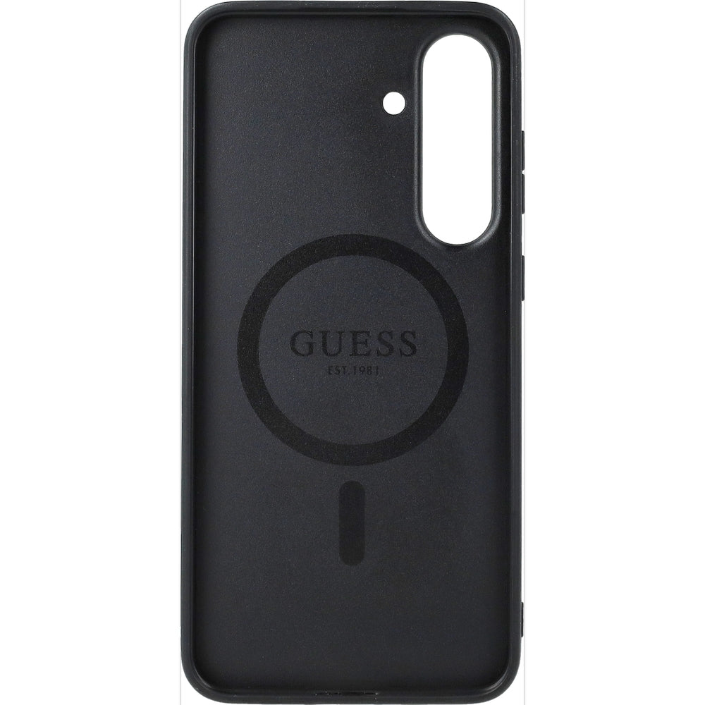 Handyhülle für Galaxy S25 FE, Guess Hardcase 4G Ring Classic Logo mit MagSafe, Schwarz mit Goldenen Elementen