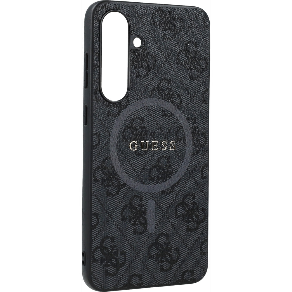 Handyhülle für Galaxy S25 FE, Guess Hardcase 4G Ring Classic Logo mit MagSafe, Schwarz mit Goldenen Elementen