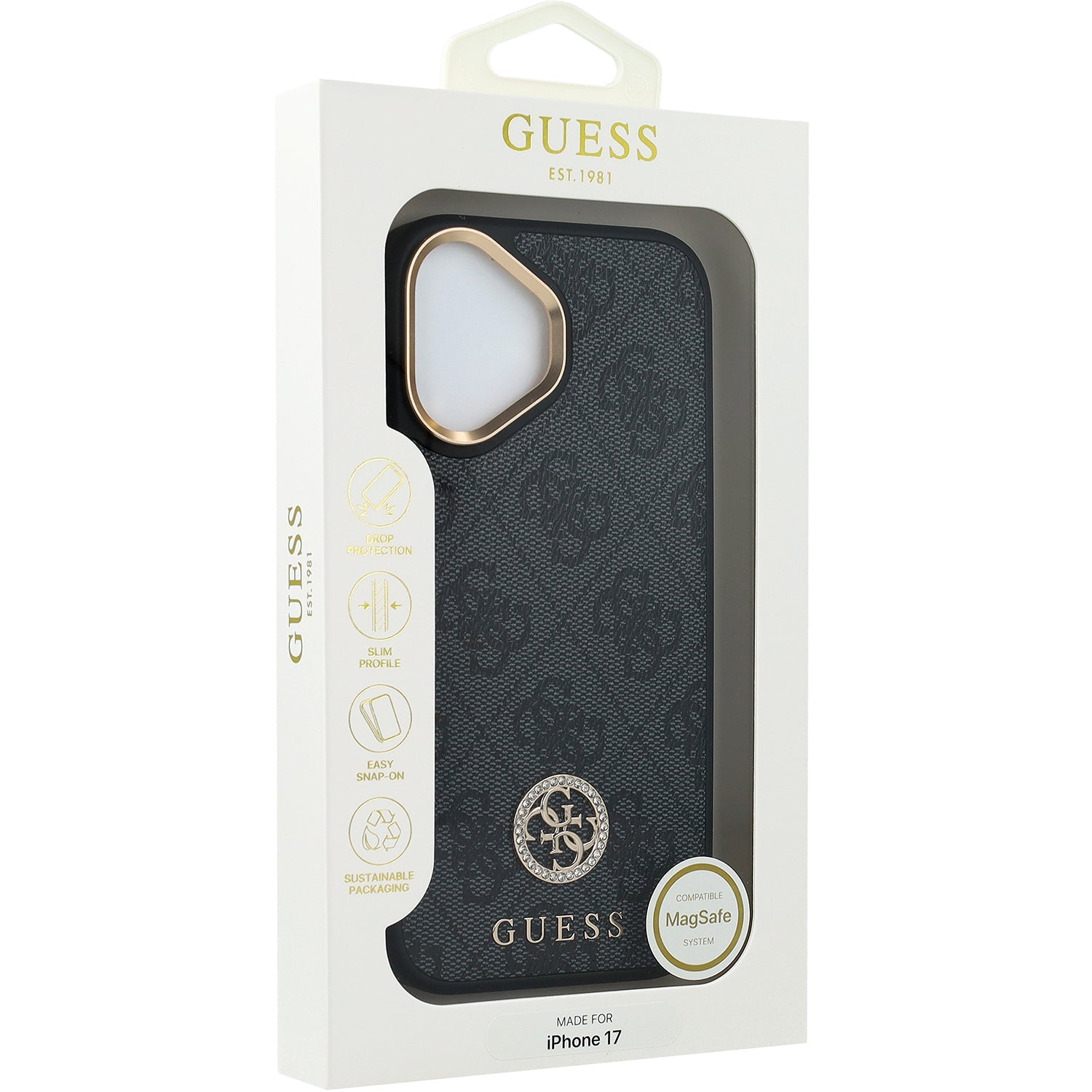 Handyhülle für iPhone 17, Guess 4G Strass Logo. mit MagSafe, Schwarz