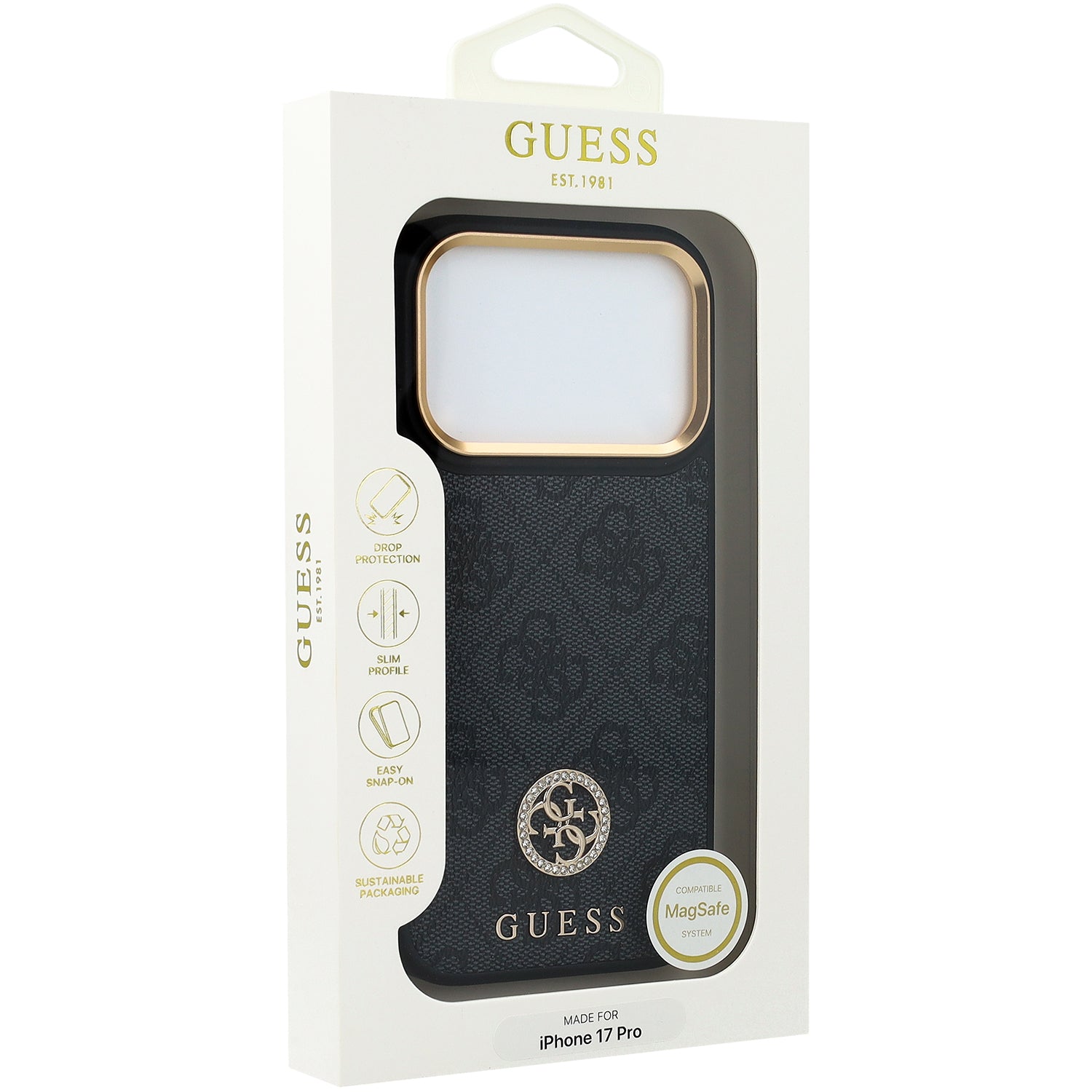 Handyhülle für iPhone 17 Pro, Guess 4G Strass Logo. mit MagSafe, Schwarz
