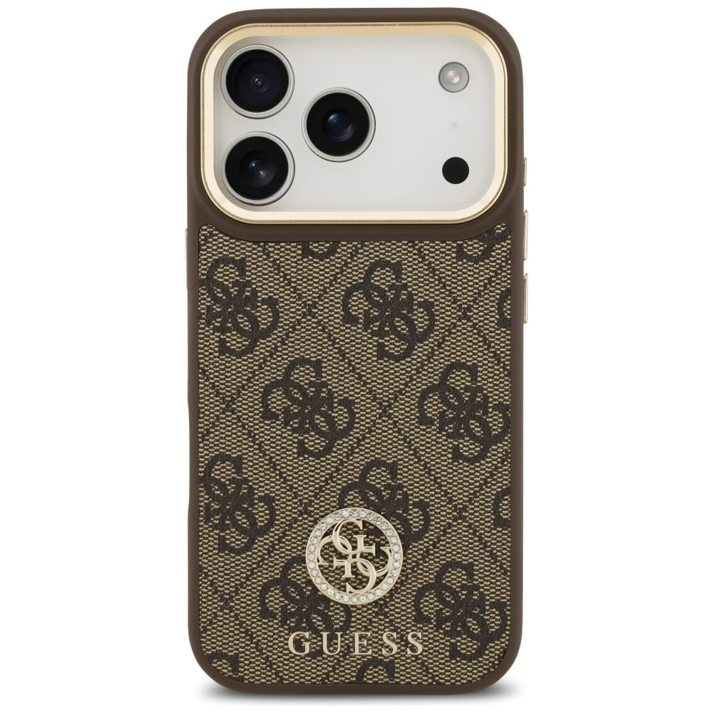 Handyhülle für iPhone 17 Pro, Guess 4G Strass Logo. mit MagSafe, Braun