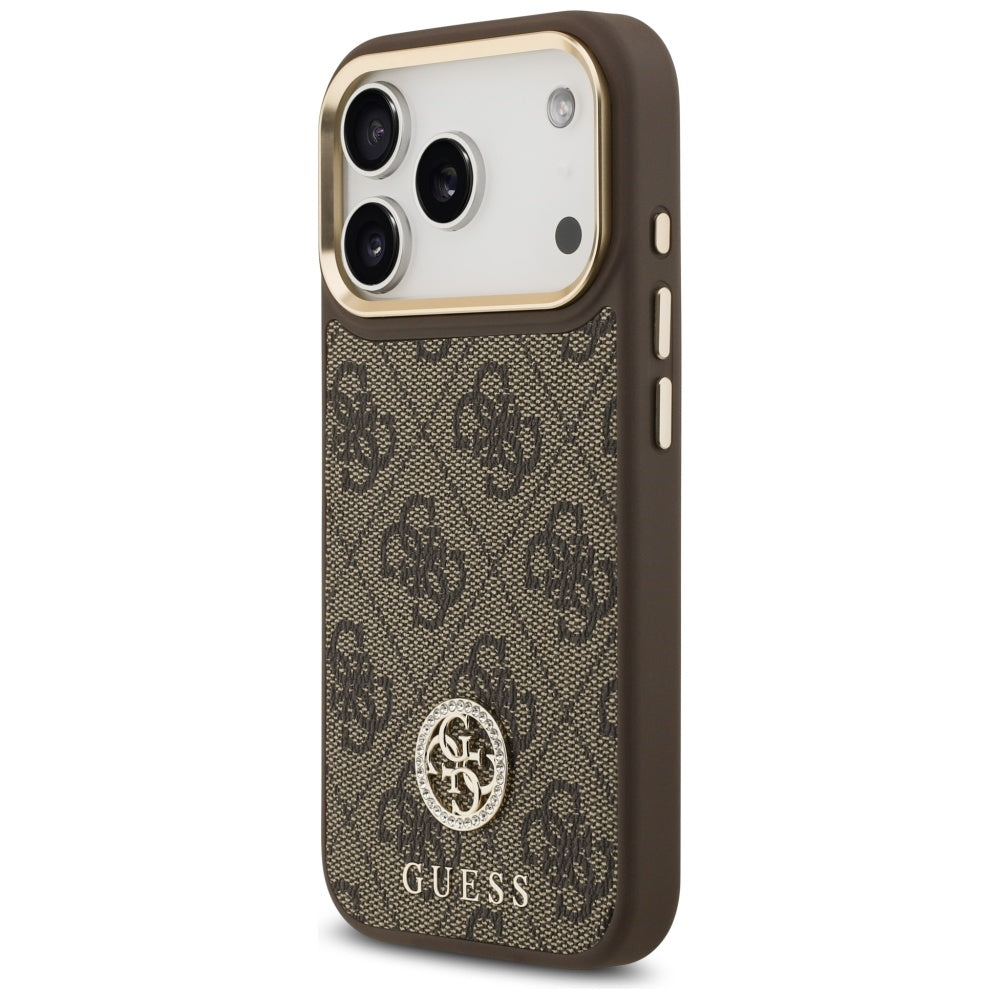 Handyhülle für iPhone 17 Pro, Guess 4G Strass Logo. mit MagSafe, Braun
