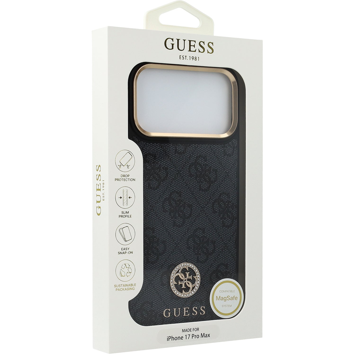Handyhülle für iPhone 17 Pro Max, Guess 4G Strass Logo. mit MagSafe, Schwarz