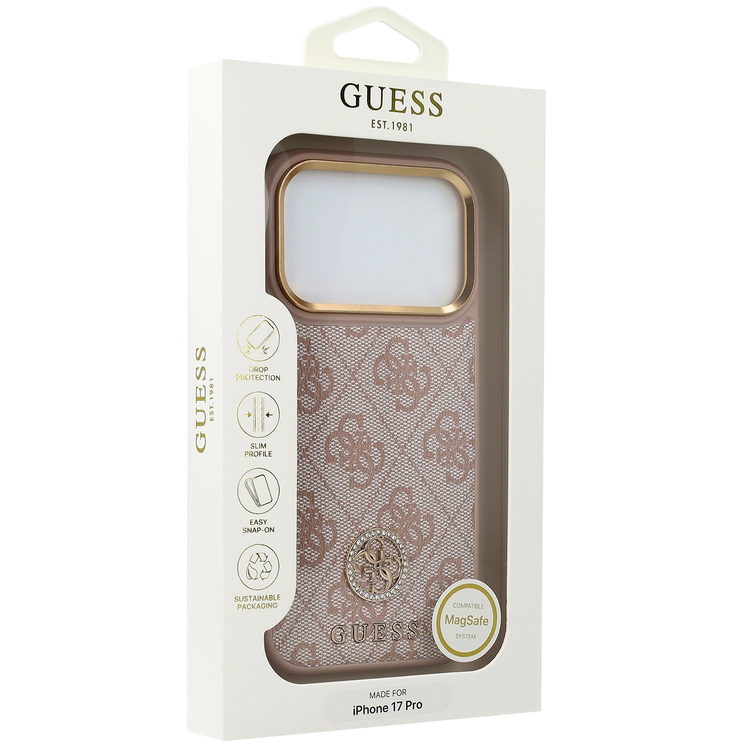 Handyhülle für iPhone 17 Pro, Guess 4G Strass Logo. mit MagSafe, Rosa