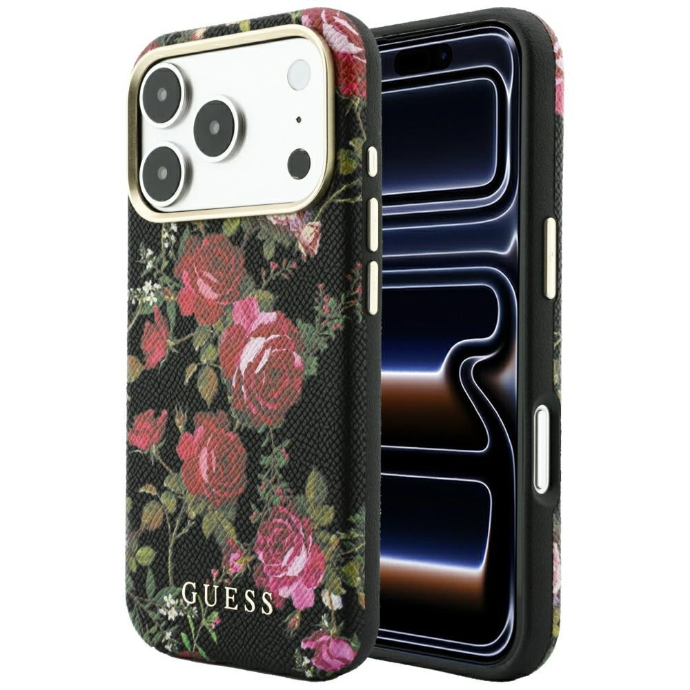 Guess Handyhülle Blossom Roses Print MagSafe für iPhone 18 Pro / 17 Pro, Schwarz mit Blumenmotiv (1/8)