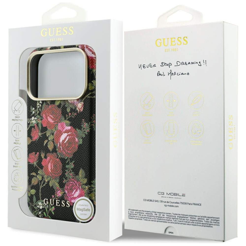Guess Handyhülle Blossom Roses Print MagSafe für iPhone 18 Pro / 17 Pro, Schwarz mit Blumenmotiv (8/8)