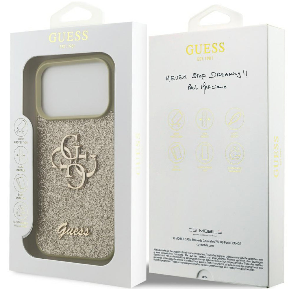 Handyhülle für iPhone 17 Pro, Guess Fixed Glitter Big 4G, Gold-Glitter