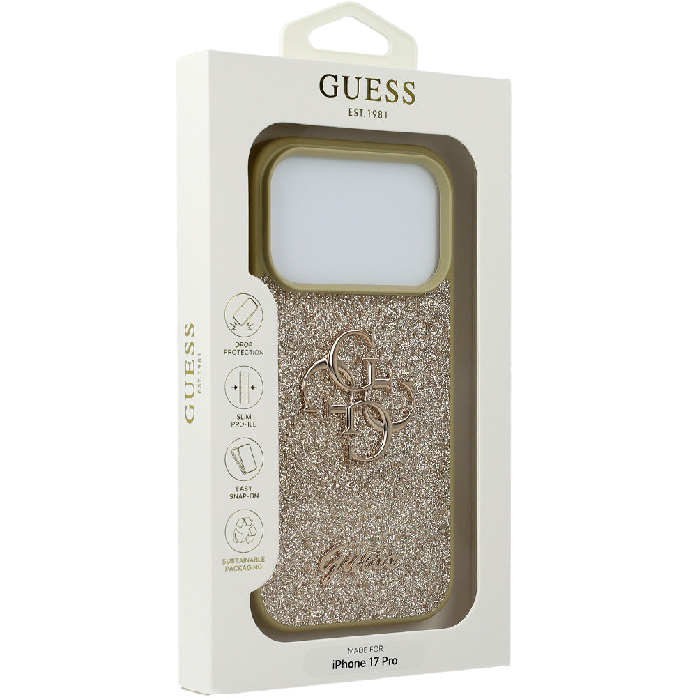 Handyhülle für iPhone 17 Pro, Guess Fixed Glitter Big 4G, Gold-Glitter