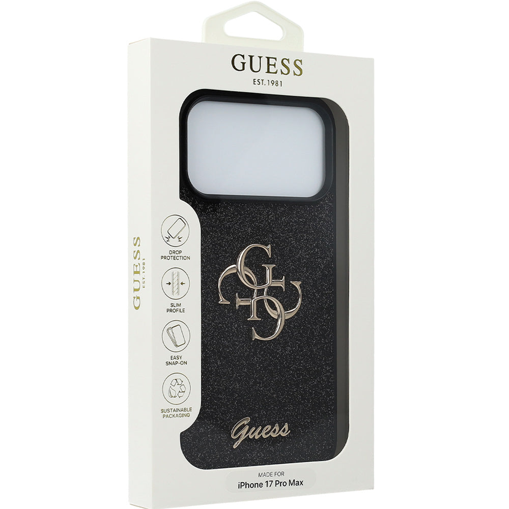 Handyhülle für iPhone 17 Pro Max, Guess Fixed Glitter Big 4G, Schwarz-Glitter