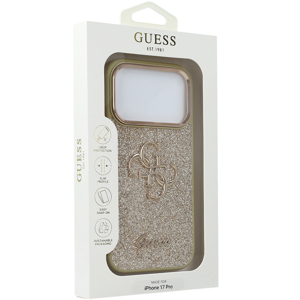 Handyhülle für iPhone 17 Pro, Guess Fixed Glitter Big 4G Metal Frame, Gold-Glitter