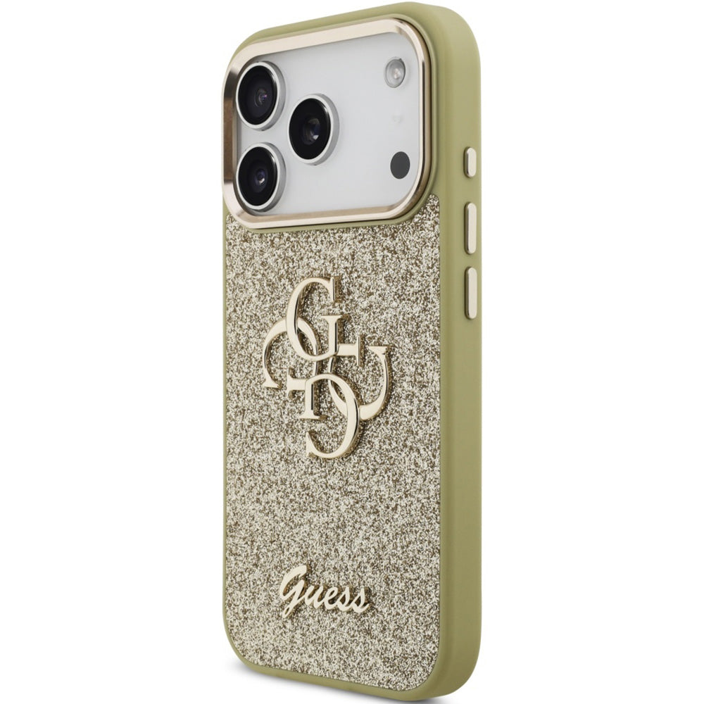 Handyhülle für iPhone 17 Pro, Guess Fixed Glitter Big 4G Metal Frame, Gold-Glitter
