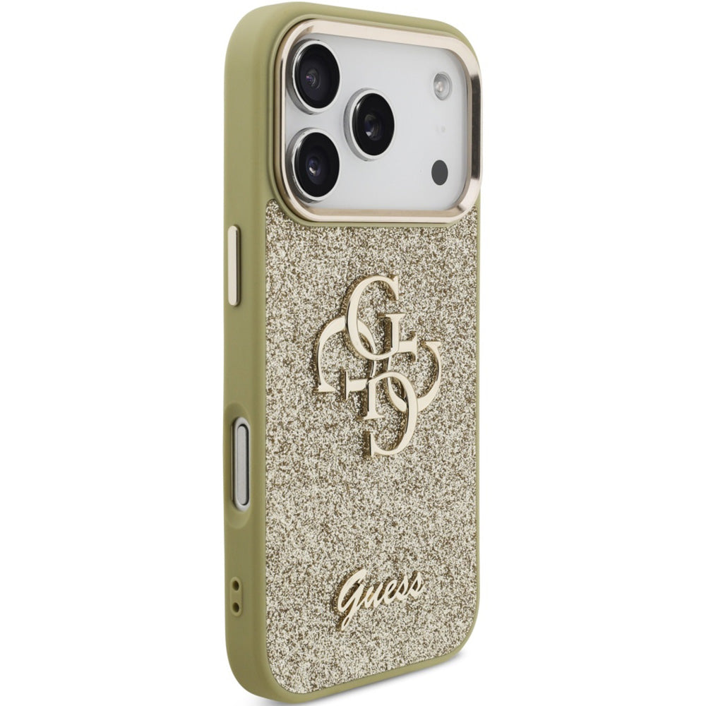 Handyhülle für iPhone 17 Pro, Guess Fixed Glitter Big 4G Metal Frame, Gold-Glitter