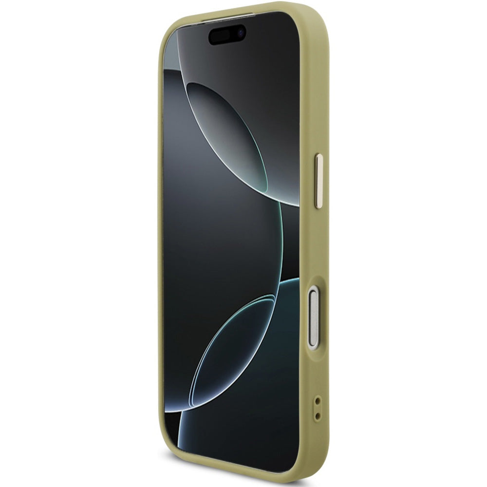 Handyhülle für iPhone 17 Pro, Guess Fixed Glitter Big 4G Metal Frame, Gold-Glitter