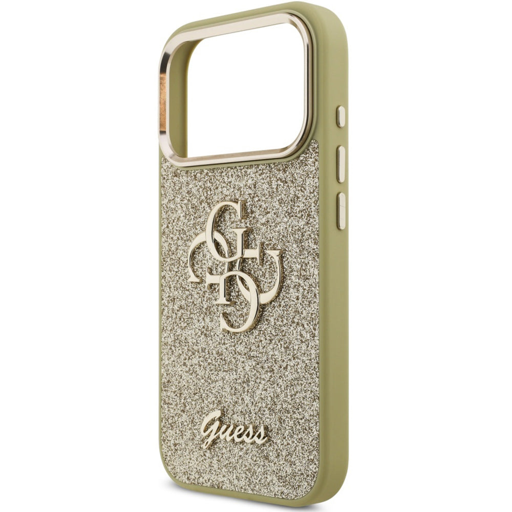 Handyhülle für iPhone 17 Pro, Guess Fixed Glitter Big 4G Metal Frame, Gold-Glitter