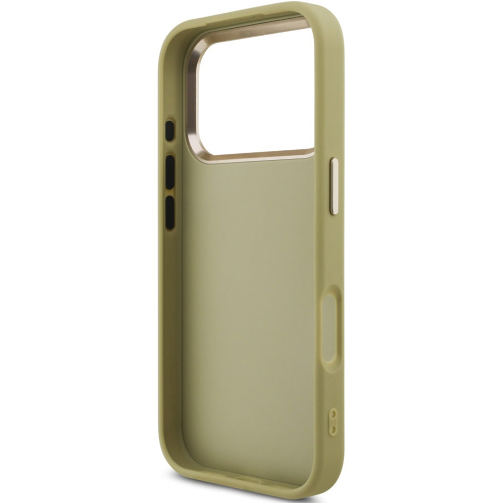 Handyhülle für iPhone 17 Pro, Guess Fixed Glitter Big 4G Metal Frame, Gold-Glitter