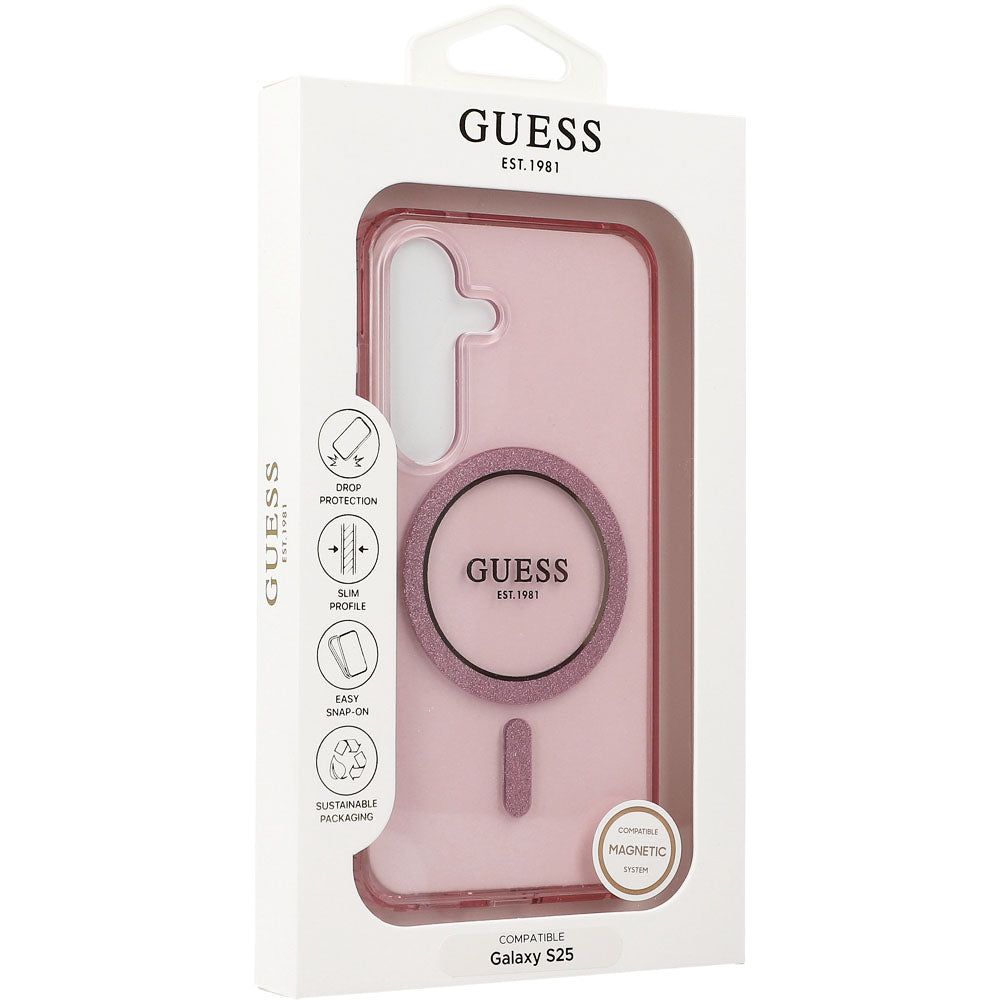 Handyhülle für Galaxy S25, Guess Glitter Circle Classic Logo mit MagSafe, Rosa