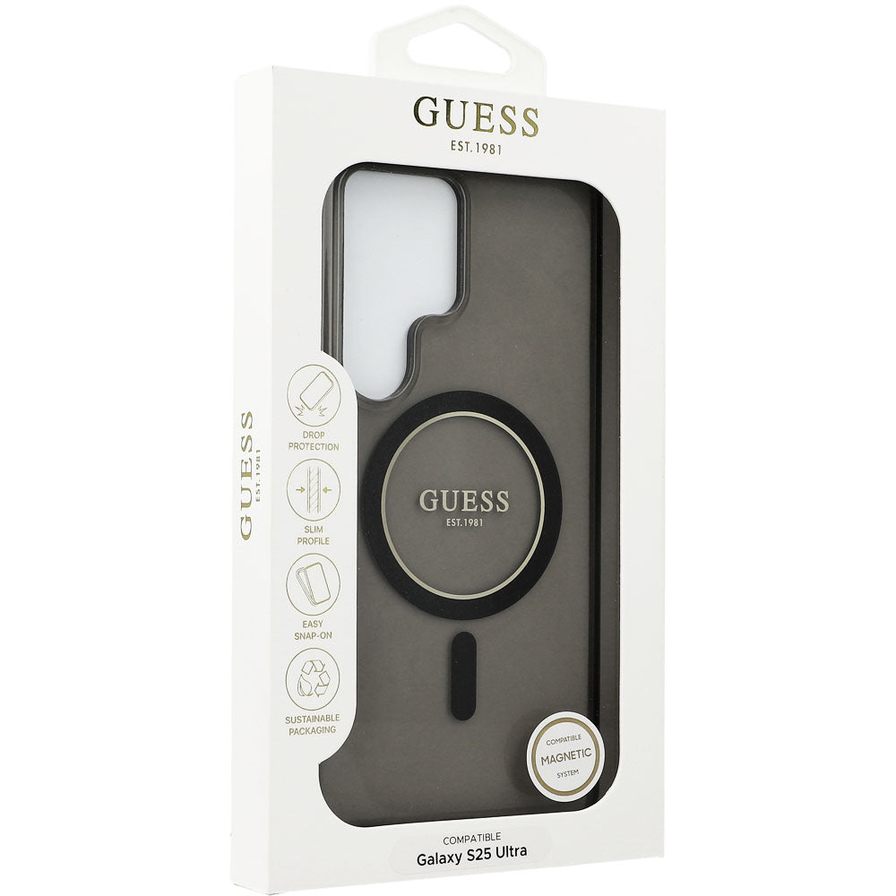 Handyhülle für Galaxy S25 Ultra, Guess Glitter Circle Classic Logo mit MagSafe, Schwarz