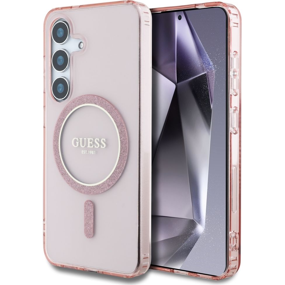 Handyhülle für Galaxy S25, Guess Glitter Circle Classic Logo mit MagSafe, Rosa