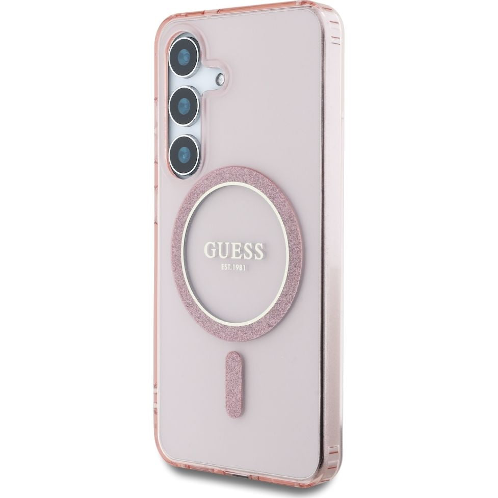 Handyhülle für Galaxy S25, Guess Glitter Circle Classic Logo mit MagSafe, Rosa
