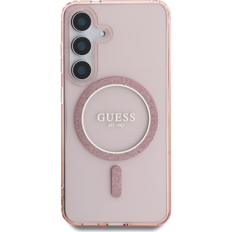 Handyhülle für Galaxy S25, Guess Glitter Circle Classic Logo mit MagSafe, Rosa