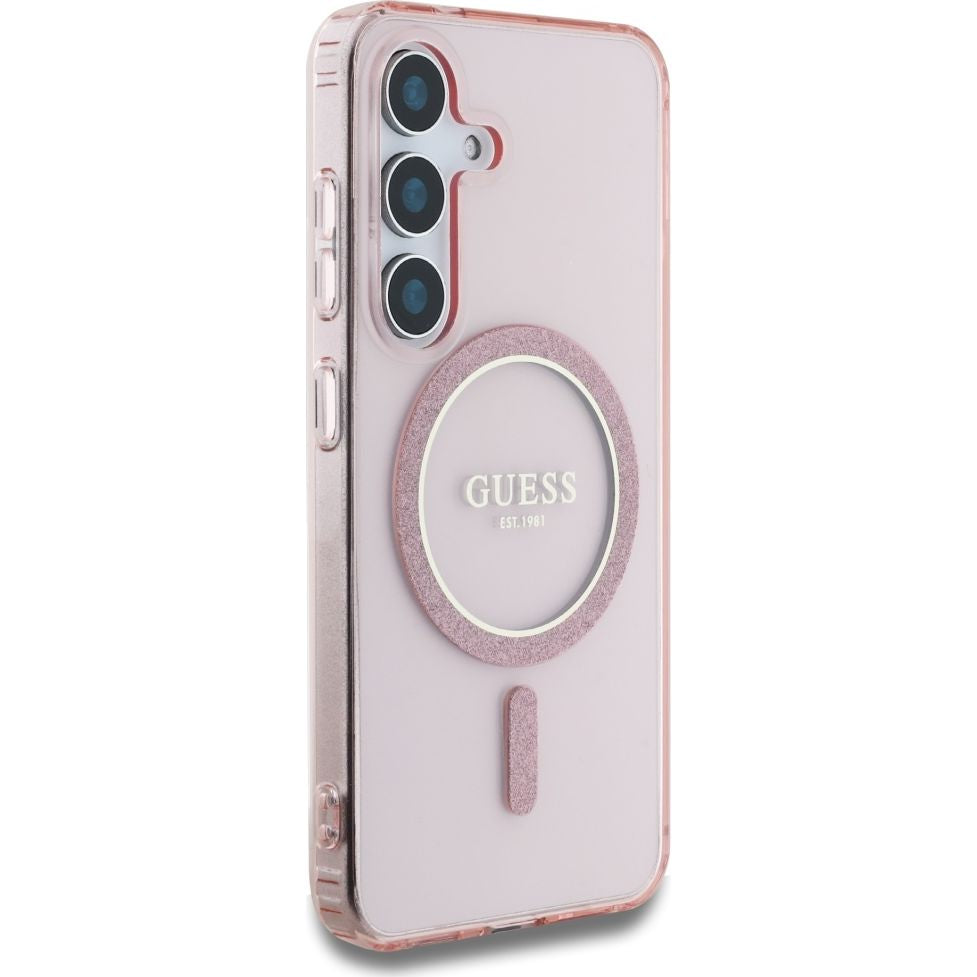Handyhülle für Galaxy S25, Guess Glitter Circle Classic Logo mit MagSafe, Rosa