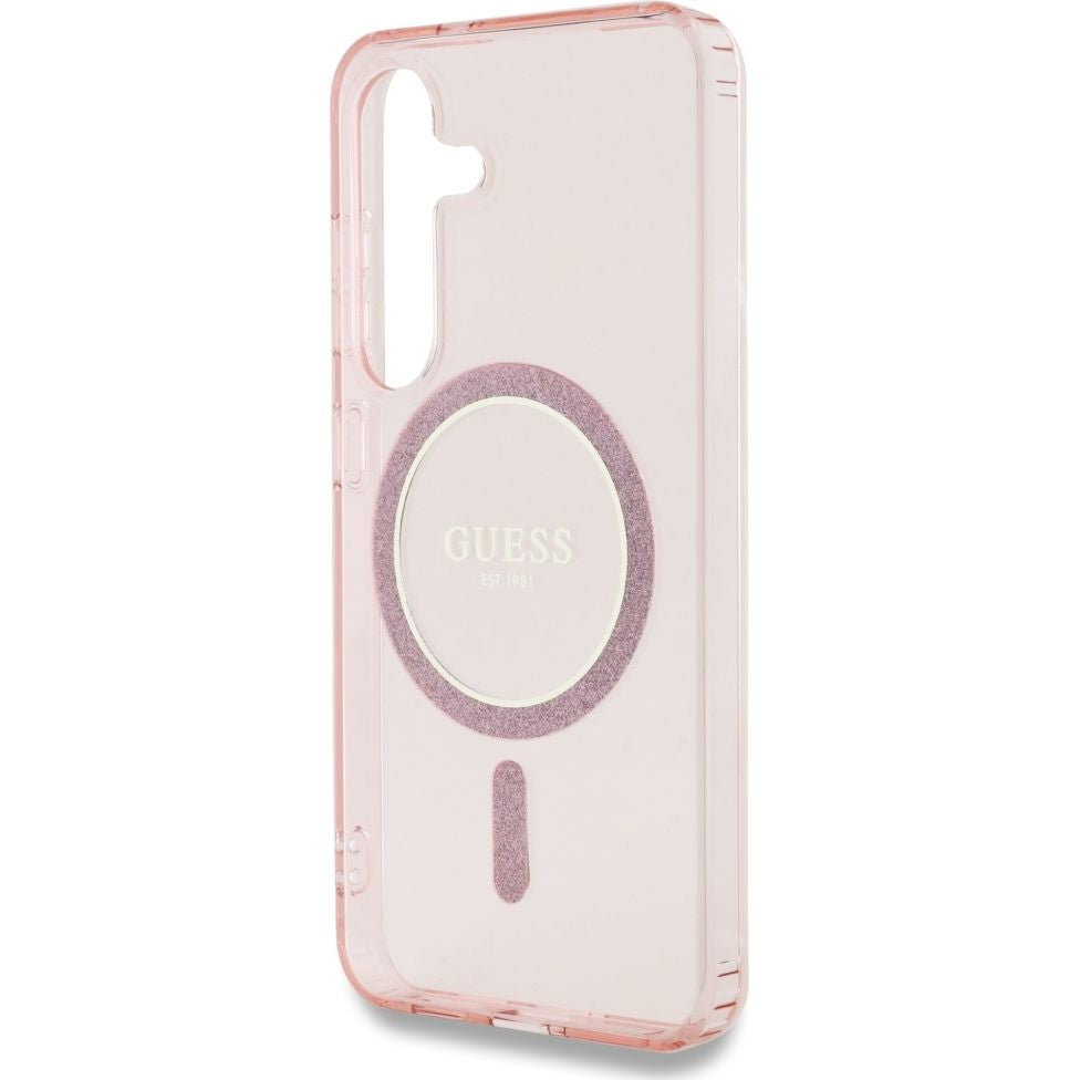 Handyhülle für Galaxy S25, Guess Glitter Circle Classic Logo mit MagSafe, Rosa