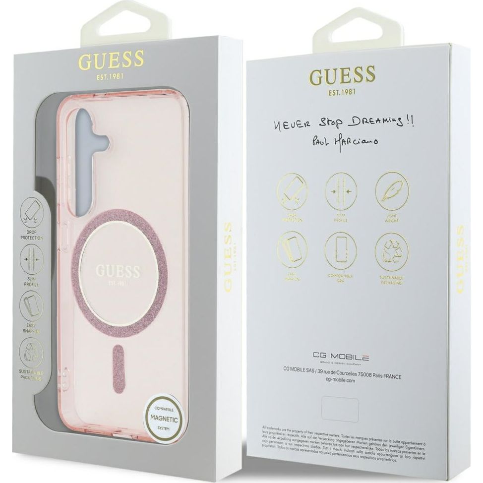Handyhülle für Galaxy S25, Guess Glitter Circle Classic Logo mit MagSafe, Rosa