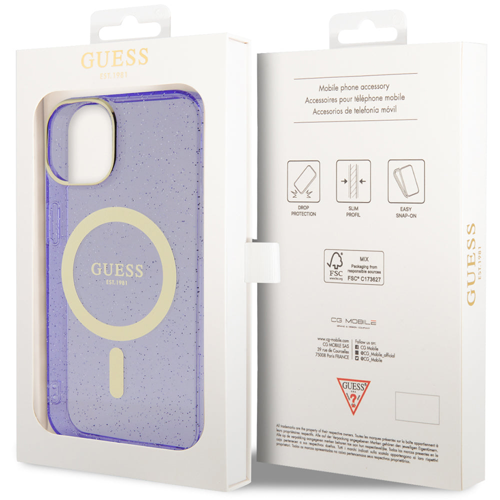 Schutzhülle Guess hardcase Glitter Gold MagSafe für iPhone 14, Violett