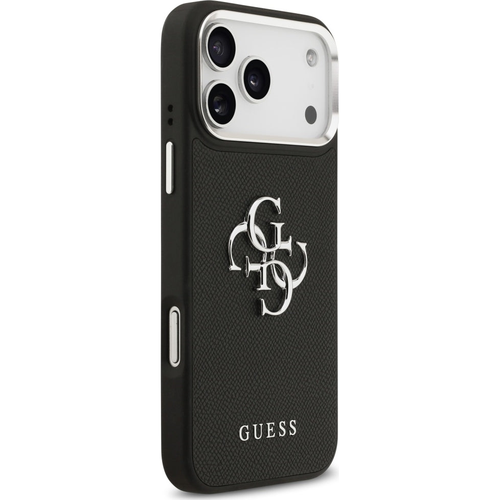 Handyhülle für iPhone 17 Pro Max, Guess Grained Big 4G Small Classic Logo, Schwarz