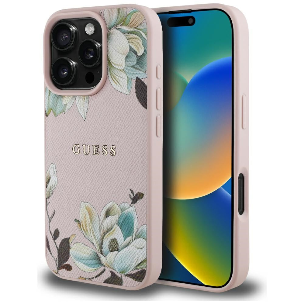 Handyhülle für iPhone 16 Pro, Guess Grained Flower Pattern mit MagSafe, Rosa mit floralem Muster