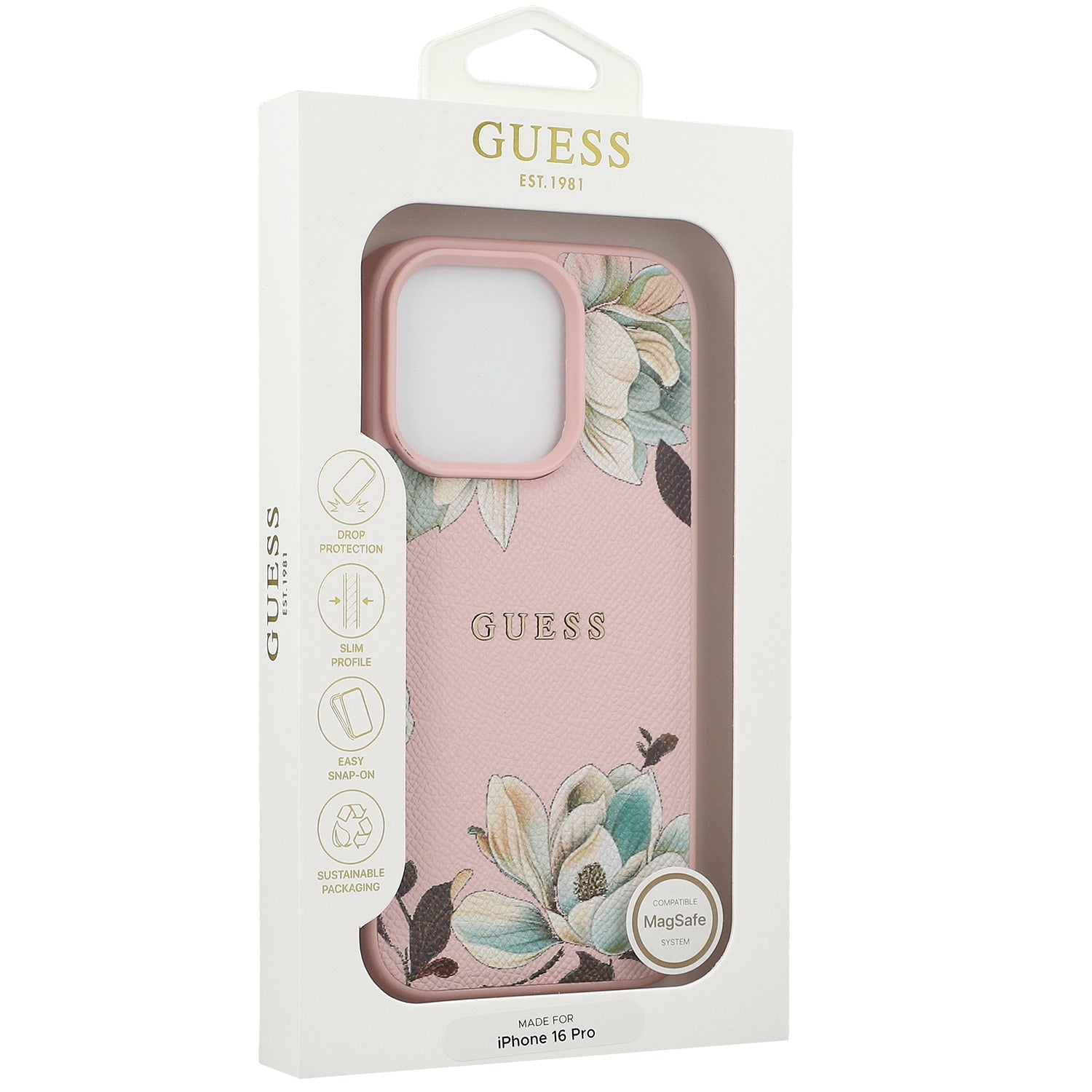 Handyhülle für iPhone 16 Pro, Guess Grained Flower Pattern mit MagSafe, Rosa mit floralem Muster