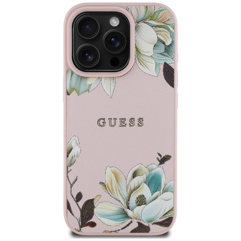 Handyhülle für iPhone 16 Pro, Guess Grained Flower Pattern mit MagSafe, Rosa mit floralem Muster