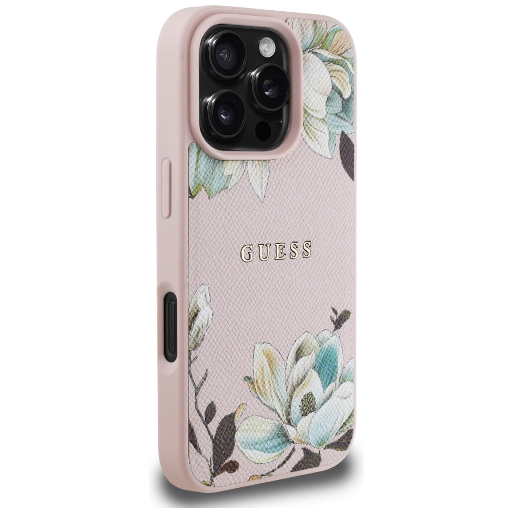 Handyhülle für iPhone 16 Pro, Guess Grained Flower Pattern mit MagSafe, Rosa mit floralem Muster