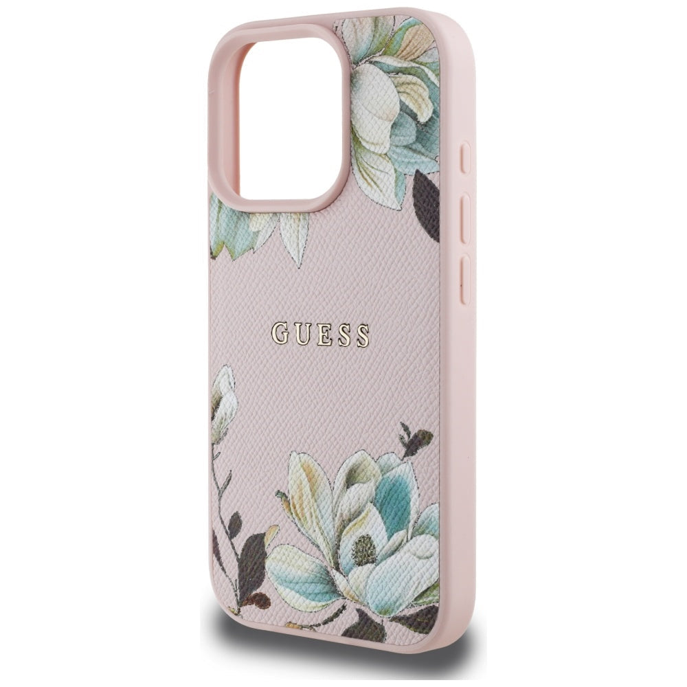 Handyhülle für iPhone 16 Pro, Guess Grained Flower Pattern mit MagSafe, Rosa mit floralem Muster