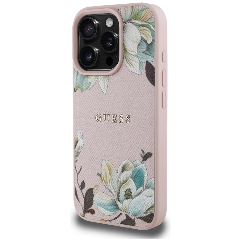 Handyhülle für iPhone 16 Pro, Guess Grained Flower Pattern mit MagSafe, Rosa mit floralem Muster