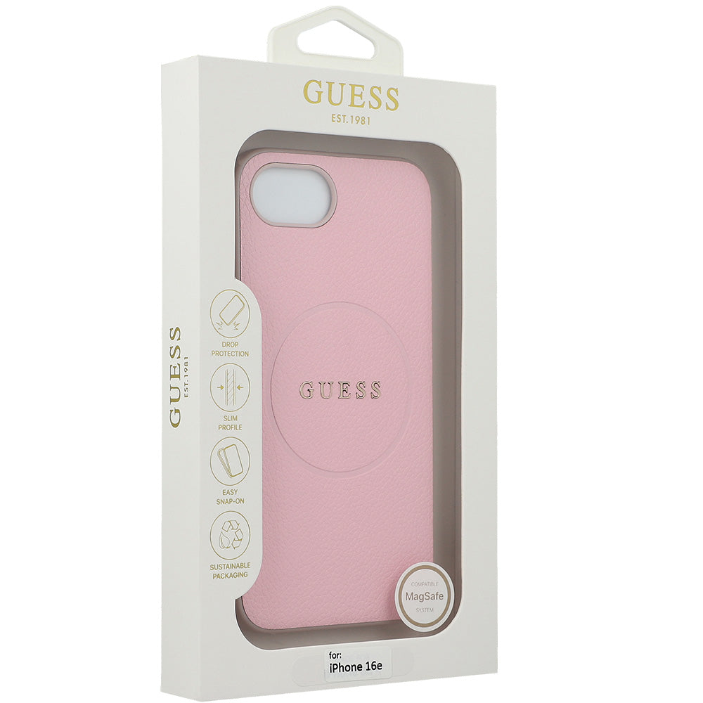 Handyhülle für iPhone 17e / 16e, Guess Hardcase Grained Ring mit MagSafe, Rosa