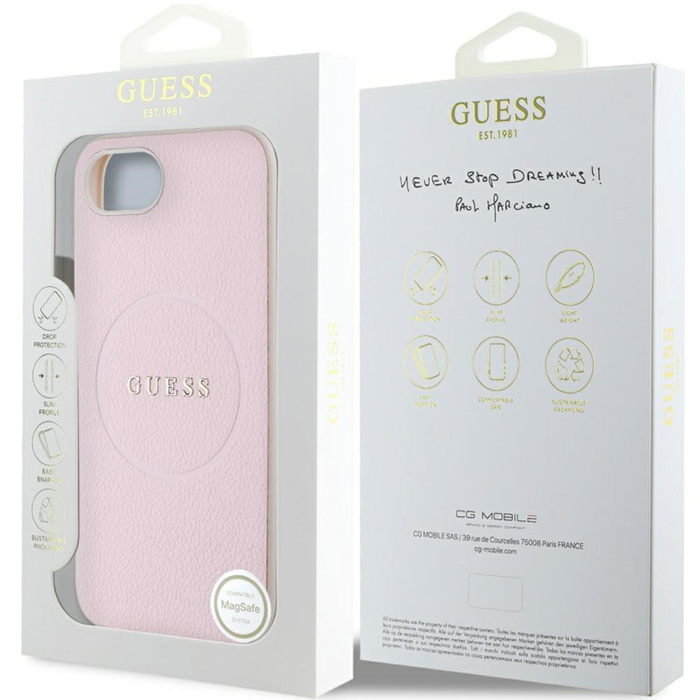 Handyhülle für iPhone 17e / 16e, Guess Hardcase Grained Ring mit MagSafe, Rosa