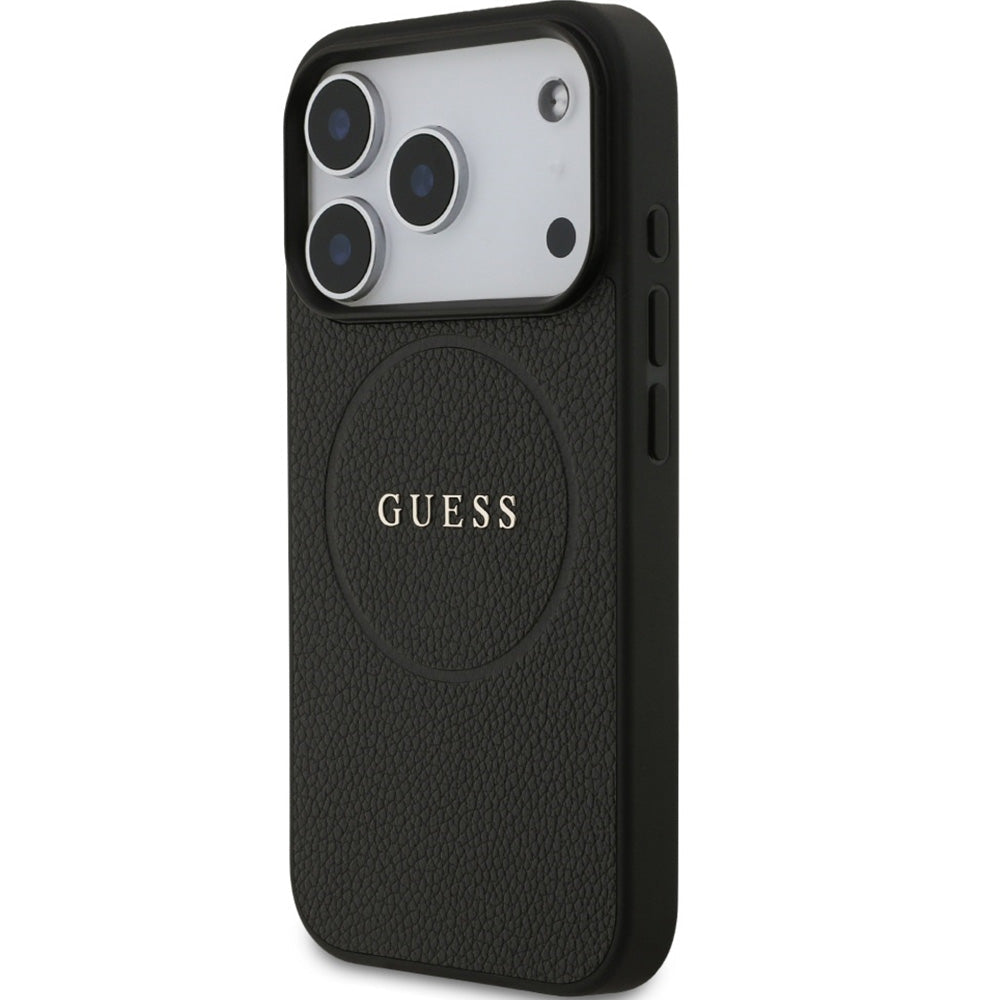 Handyhülle für iPhone 17 Pro, Guess Hardcase Grained Ring mit MagSafe, Schwarz