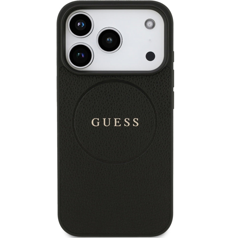 Handyhülle für iPhone 17 Pro, Guess Hardcase Grained Ring mit MagSafe, Schwarz
