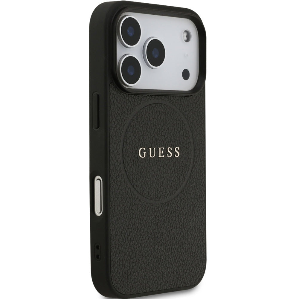 Handyhülle für iPhone 17 Pro, Guess Hardcase Grained Ring mit MagSafe, Schwarz