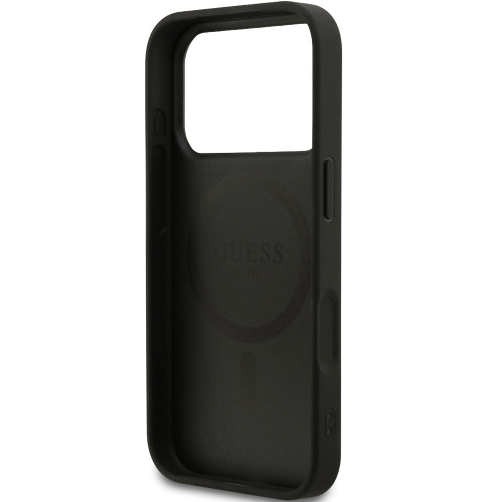 Handyhülle für iPhone 17 Pro, Guess Hardcase Grained Ring mit MagSafe, Schwarz