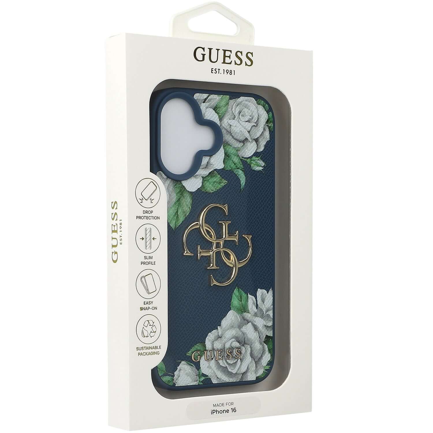Handyhülle für iPhone 16, Guess Grained Roses Big 4G, Blau mit floralem Muster