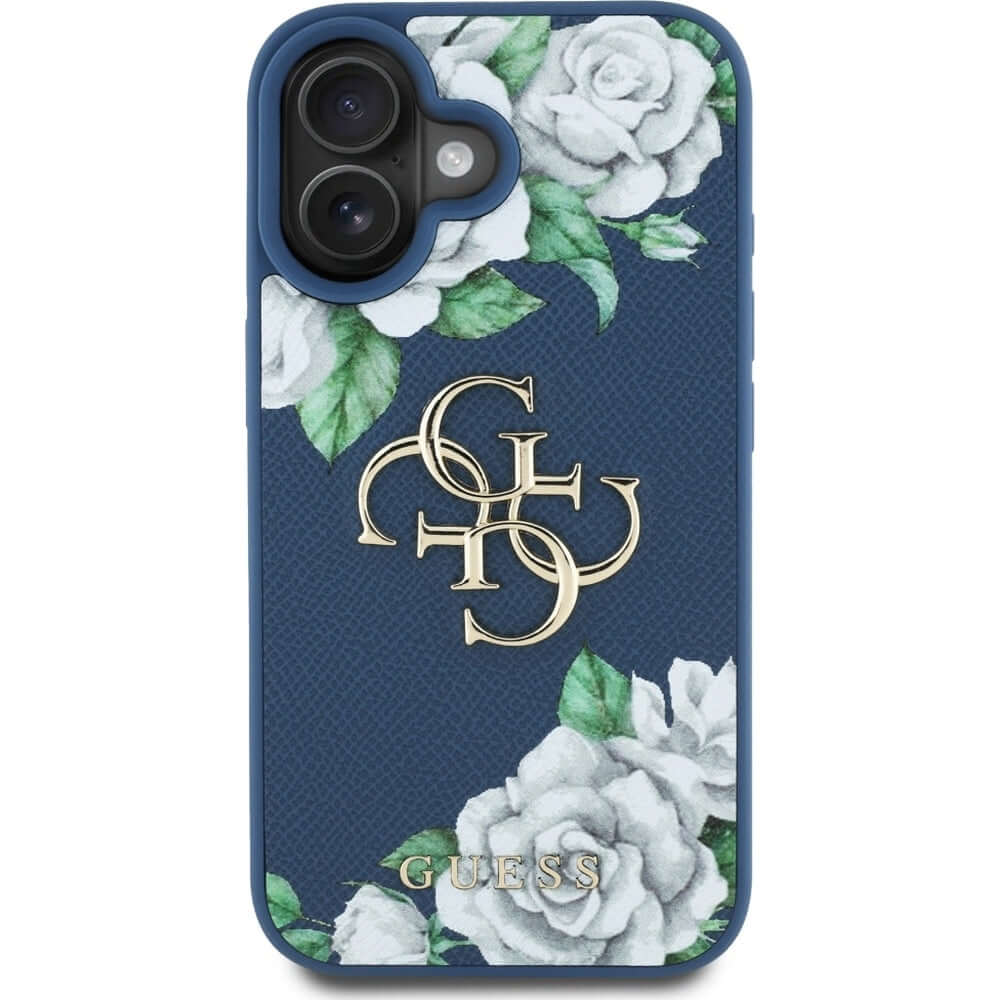 Handyhülle für iPhone 16, Guess Grained Roses Big 4G, Blau mit floralem Muster