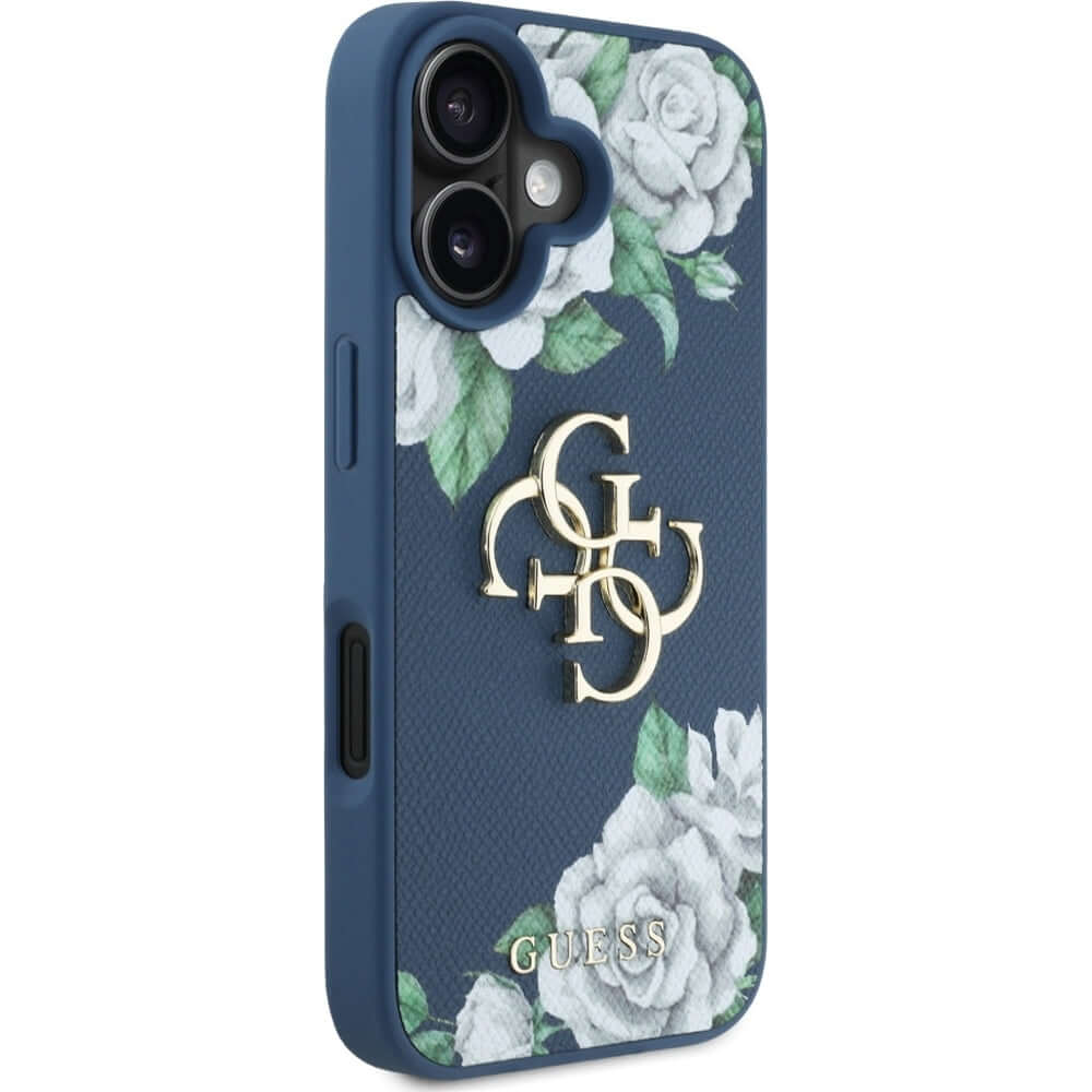 Handyhülle für iPhone 16, Guess Grained Roses Big 4G, Blau mit floralem Muster