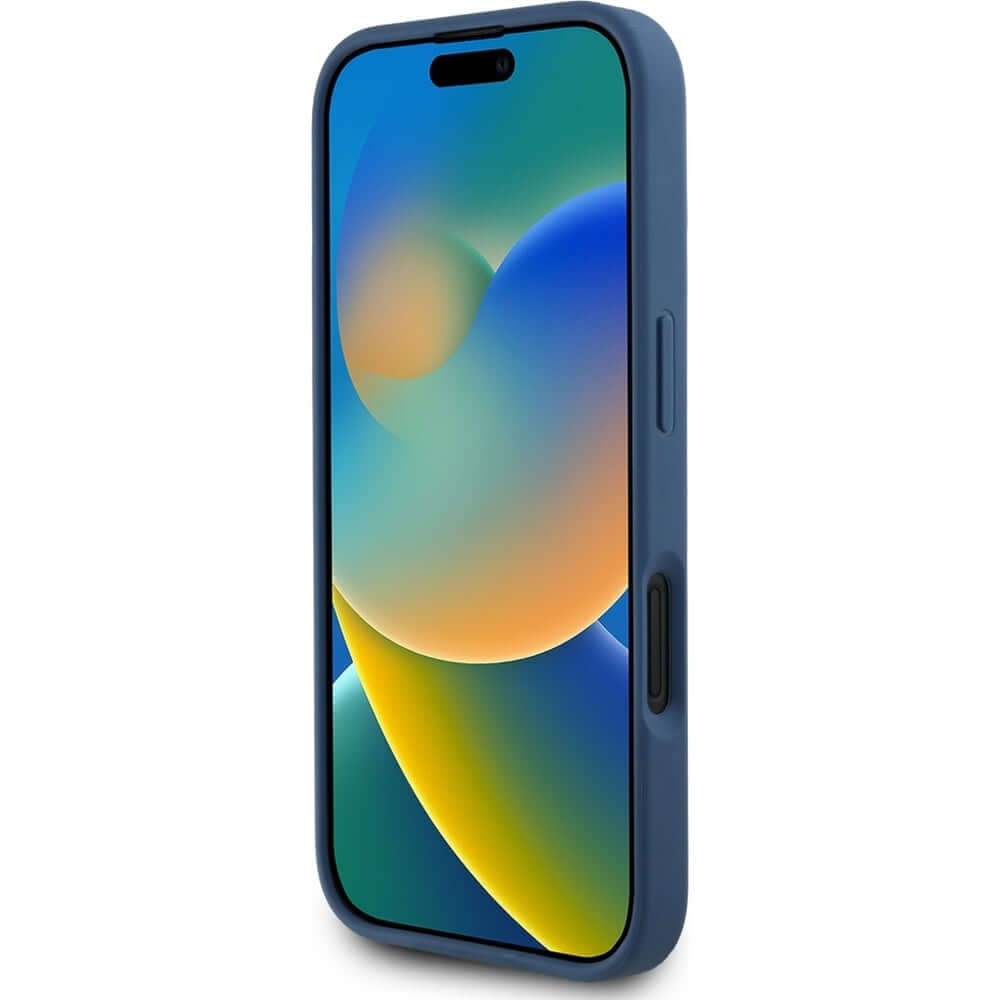 Handyhülle für iPhone 16, Guess Grained Roses Big 4G, Blau mit floralem Muster