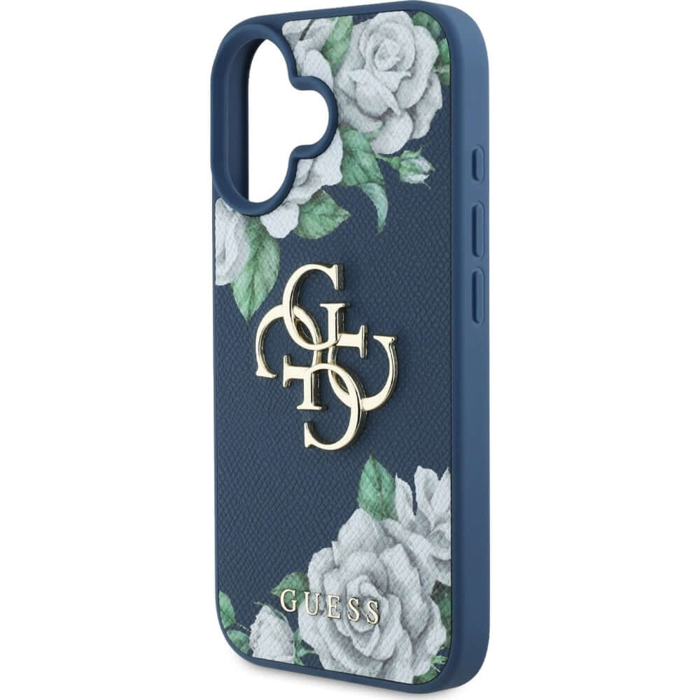 Handyhülle für iPhone 16, Guess Grained Roses Big 4G, Blau mit floralem Muster