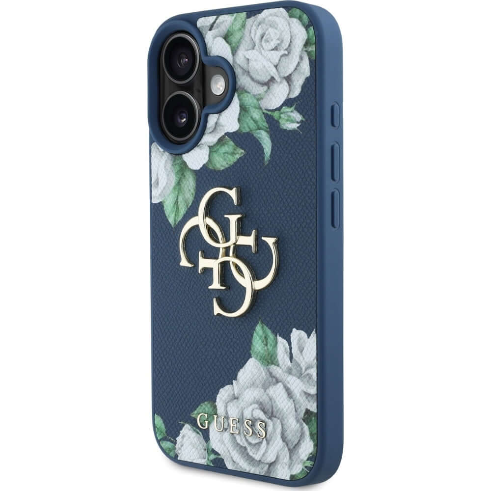 Handyhülle für iPhone 16, Guess Grained Roses Big 4G, Blau mit floralem Muster