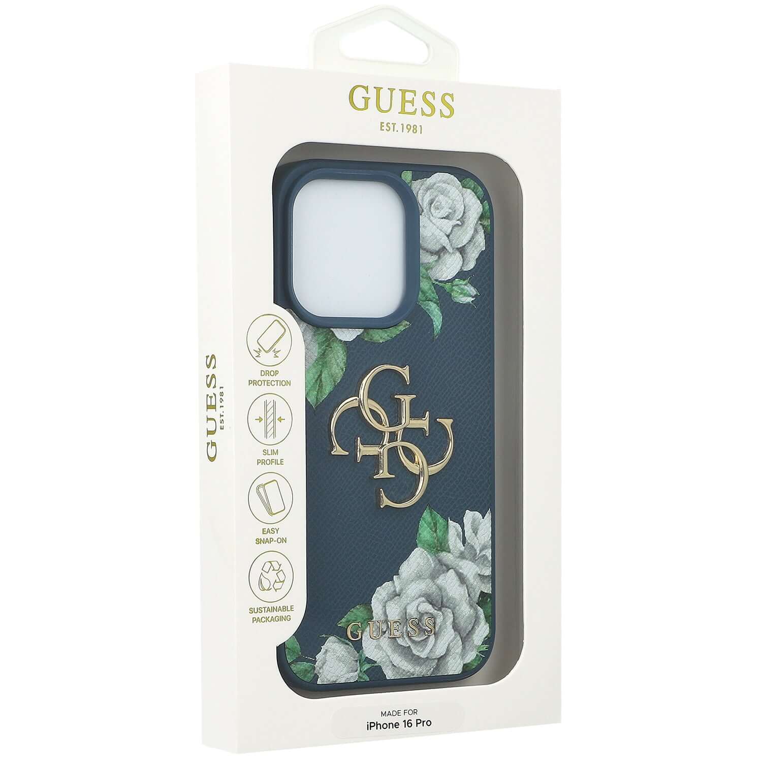 Handyhülle für iPhone 16 Pro, Guess Grained Roses Big 4G, Blau mit floralem Muster