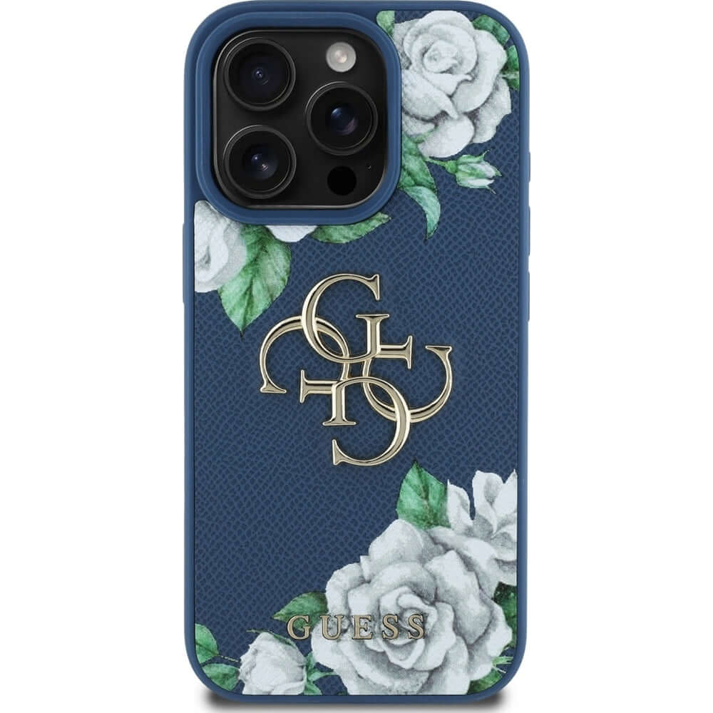 Handyhülle für iPhone 16 Pro, Guess Grained Roses Big 4G, Blau mit floralem Muster